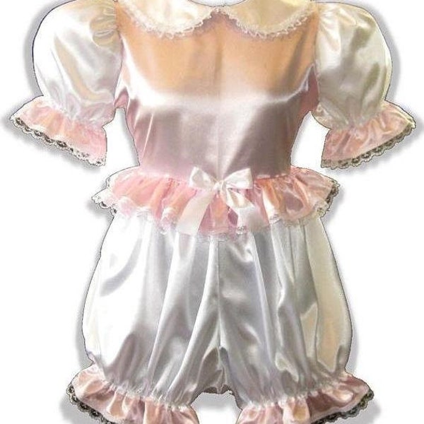 Esther Lacy Pink & White Satin Adult Baby Little Girl Sissy Romper by Leanne's