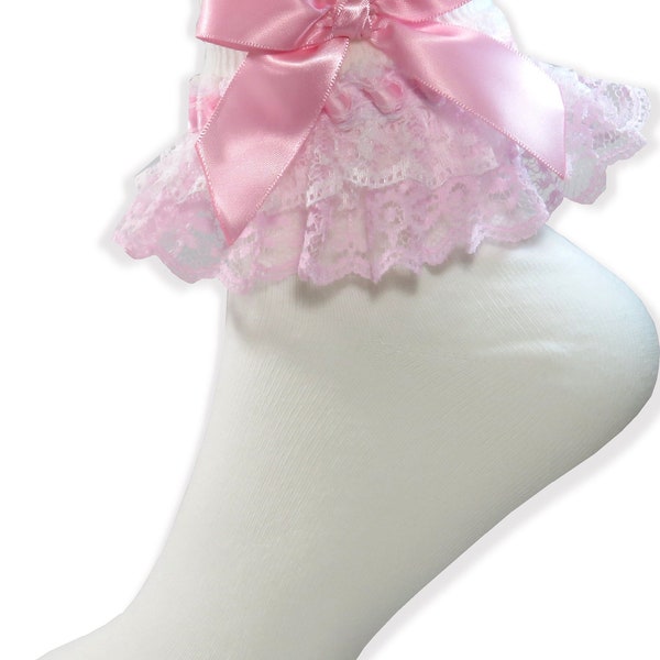 Pink Ribbon Bows White Lacy Socks for Adult Sissy Little Girl Leanne's