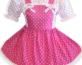 Margie Custom Fit Hot Pink White Cotton Polka Dots Adult Sissy Dress by Leanne's
