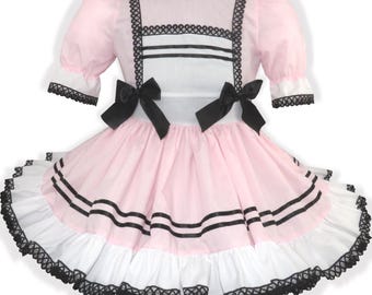 Abito da sissy per adulti, rosa, in cotone, con fiocchi di pizzo nero, pronto da indossare, di Leanne.