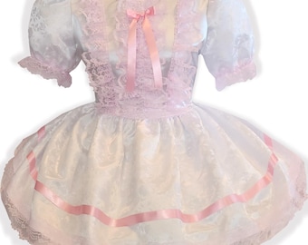 Abito da sissy per bambina Molly, su misura, in raso broccato bianco e pizzo rosa, di Leanne's