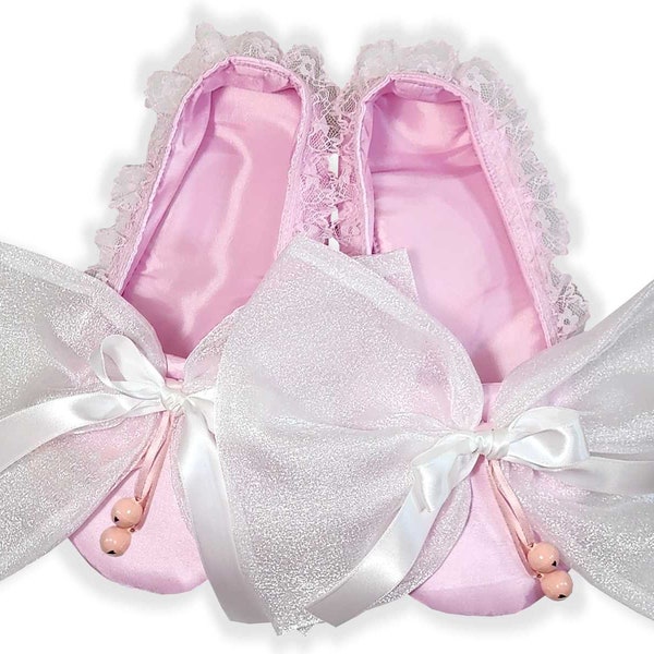 Handmade Pink Taffeta Organza Bows Jingle Bells Adult Baby Sissy Booties Slippers by Leanne's