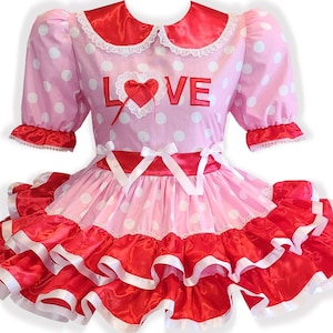 Lizzi Custom Fit Pink Polka Dots Red Satin Love Adult Little Girl Sissy Dress by Leanne&#39;s