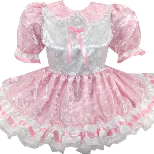 Abito da sissy per adulti Pamelia Custom Fit in raso broccato rosa e bianco con rose, di Leanne's