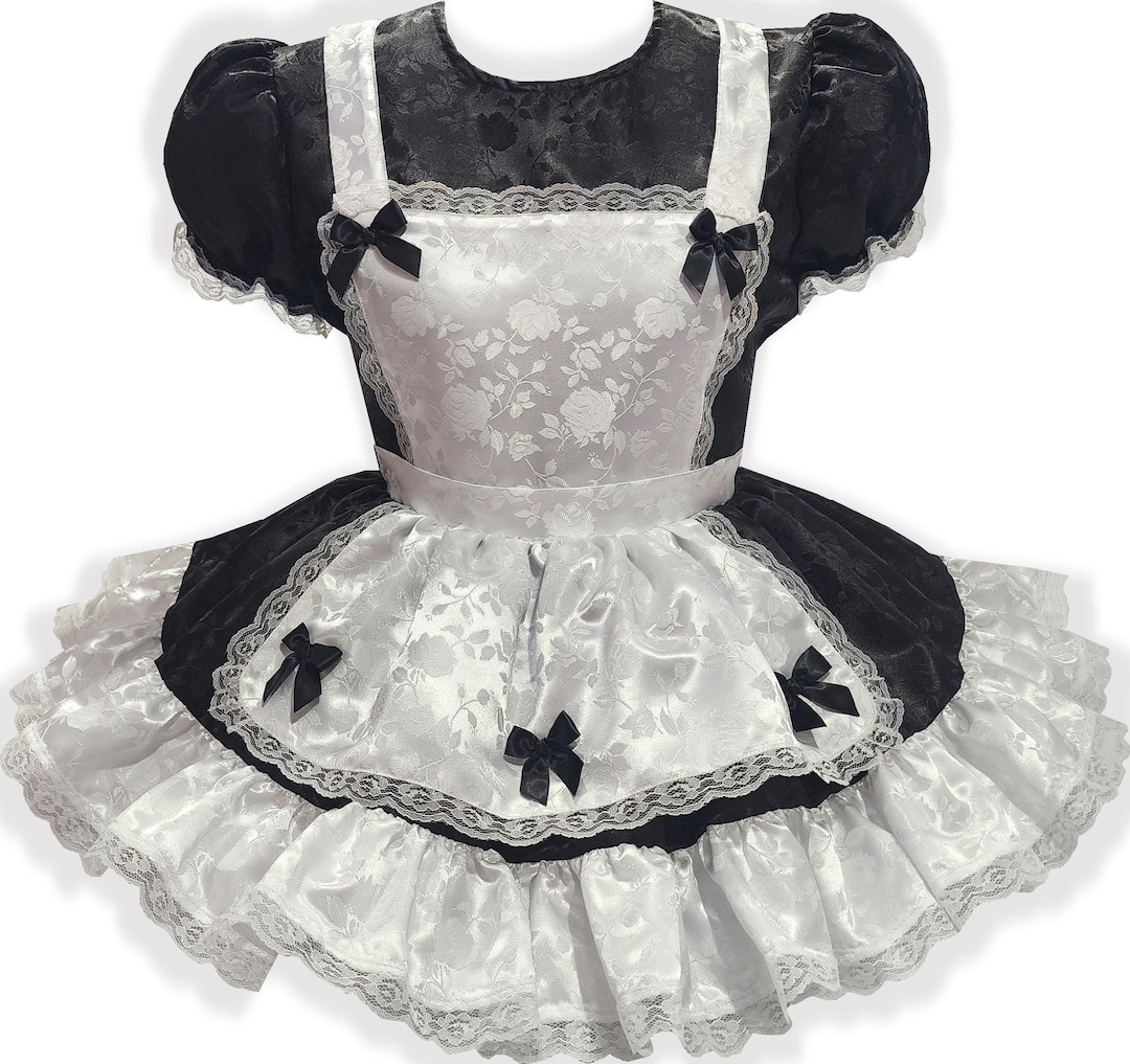 Superdresses Lori Custom Fit Black & White Satin Roses Bows Adult Sissy French Maid ...