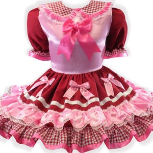 Layla Custom Fit Red Gingham Pink Satin Bows Adult Sissy Dress by Leanne's