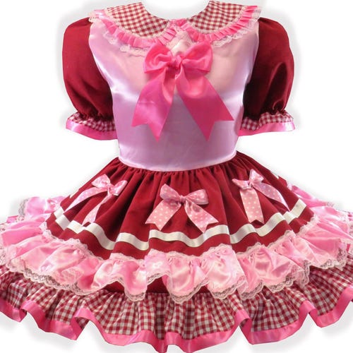 Layla Maßgeschneidertes rotes Vichy-Kleid mit rosa Satinschleifen für Erwachsene von Leanne's
