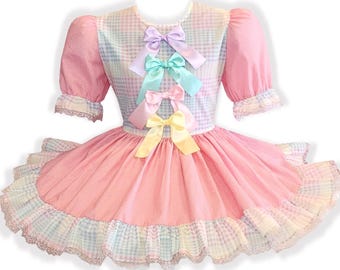 Belva Custom Fit Rainbow Polka Dots Bows Adult Sissy Dress by Leanne's