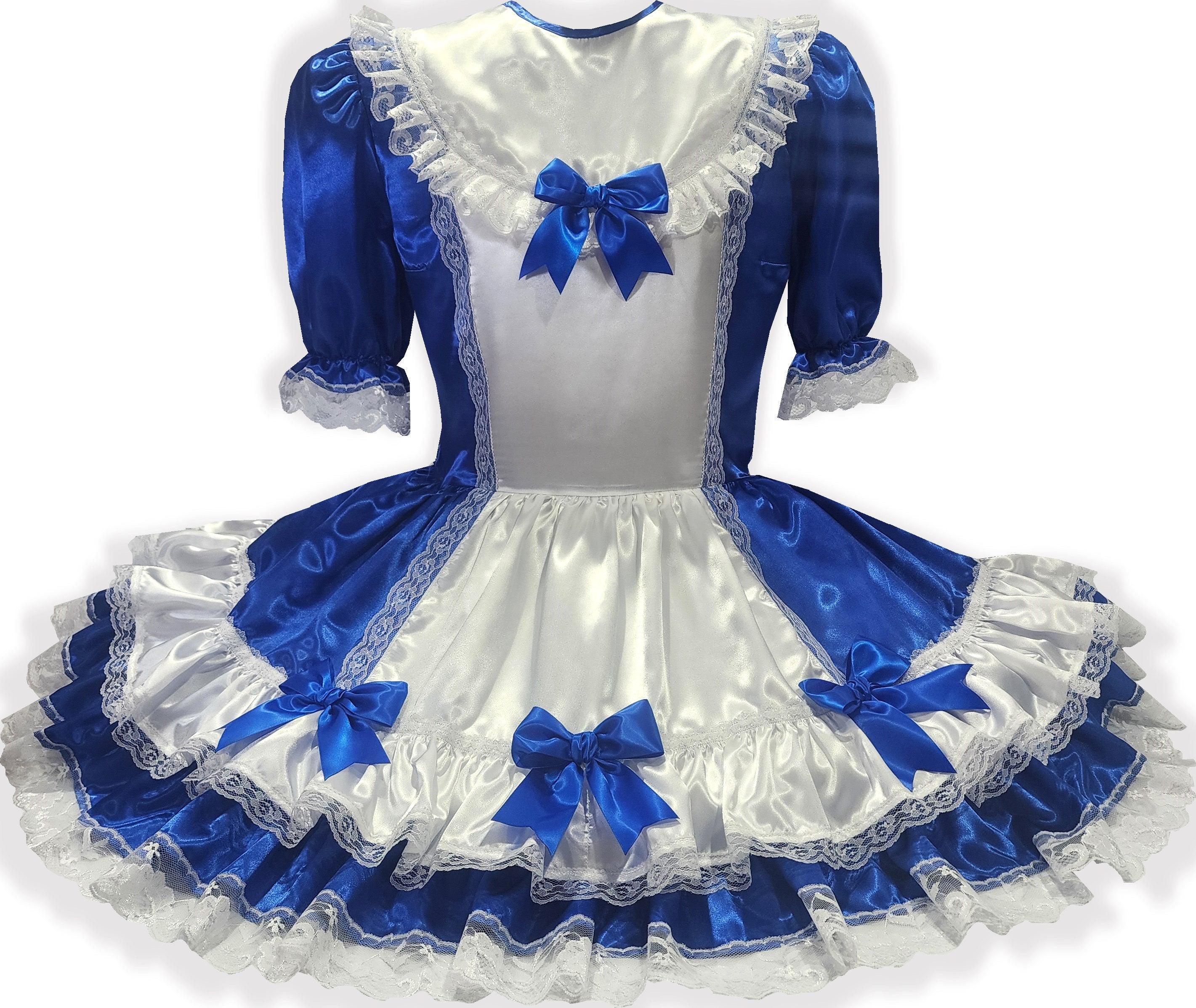 crossdresser blue dress Gabrielle Custom Fit Royal White Satin Adult Sissy LG by Leanne's Size:40.5 (US 9.5-10)