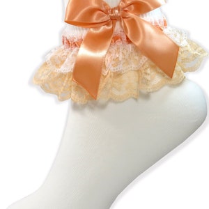 White & Peach Lacy Ribbon Bow Socks for Adult Sissy Dress up