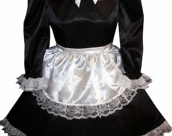Delantal de mucama francesa de satén de 2 piezas, ajuste personalizado, Trisha, vestido de sissy para adultos de Leanne's