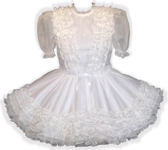 /"Ramona/" Custom Fit WHITE ORGANZA RUFFLES Adult LG Baby Sissy Dress LEANNE