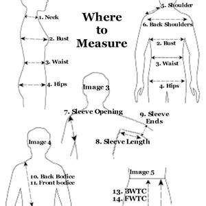 Instructions for measuring various body parts for a dress fitting, including diagrams showing where to measure the neck, waist, hips, and sleeves.