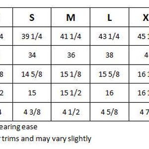 Measurement chart for clothing sizes with bust, waist, and skirt length details.