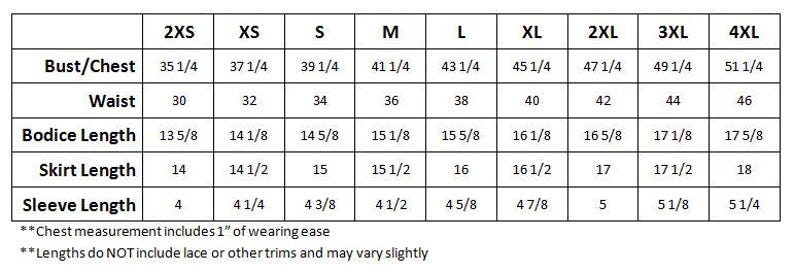 Measurement chart for clothing sizes with bust, waist, and skirt length details.
