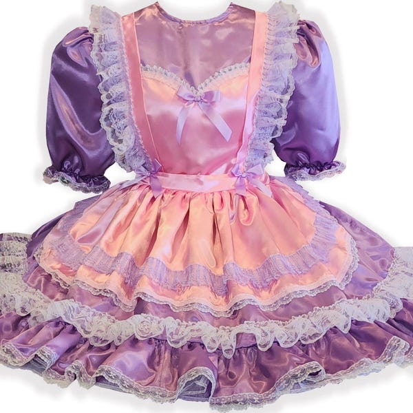 Elise Custom Fit Pink Lavender Satin Pinafore Adult Little Girl Sissy Dress LEANNE