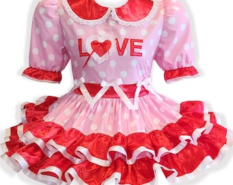 Lizzi Custom Fit Pink Polka Dots Red Satin Love Adult Little Girl Sissy Dress by Leanne's