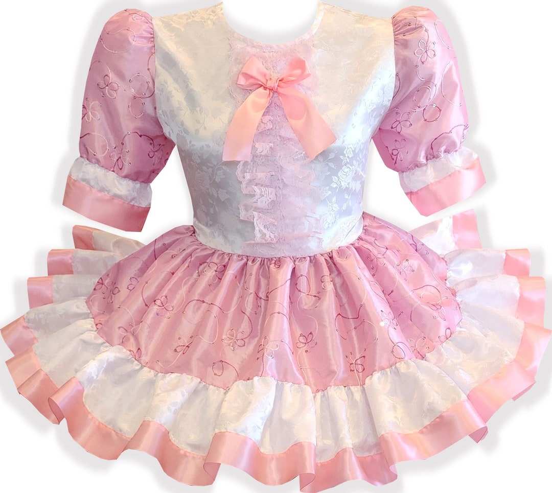Shayla Custom Fit Pink Taffeta White Brocade Roses Adult Sissy Dress by