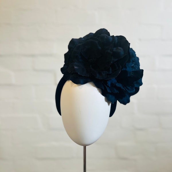 Bold Large Navy Blue Floral Headband - Flower Crown - Racewear Headpiece Fascinator