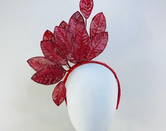 Red Leaf Modern Fascinator Statement Headband Races Racewear Floral Headwear