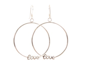Love Silver Hoop Earrings, sterling silver drop earrings