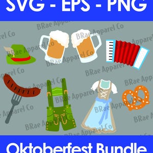 Può includere: Grafica di un pacchetto Oktoberfest con cappello verde, boccali di birra, fisarmonica, salsiccia su forchetta, lederhosen verdi, vestito dirndl e pretzel. Il testo dice "SVG - EPS - PNG" e "Oktoberfest Bundle".