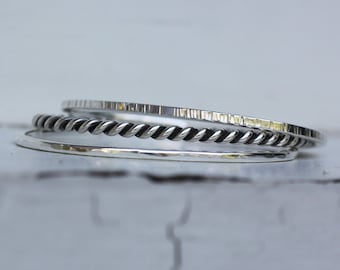 Pulseras de plata, brazaletes apilables, conjunto de brazaletes tipo puño, plata estampada, plata de ley, conjunto de pulseras (3), plata trenzada, pulseras apilables