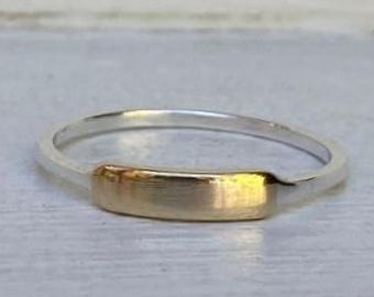Gold and silver ring, 14k gold tag ring with sterling silver, mixed metal ring, gold and silver stacking ring, minimalist gold silver ring