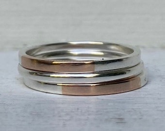 Mixed metal rings, 14k rose gold, 14k yellow gold, sterling silver, 3 ring stack, gold and silver stacking rings, minimalist ring set