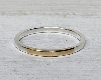 Gold and silver ring, 14k gold, thin band with gold, 2 tone ring, silver and gold stacking ring, 14k yellow gold, 2 metal wedding band