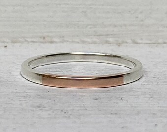 14K rose gold and silver ring, 2 tone ring, mixed metal stacking ring, gold and silver band, multi metal wedding band, rose gold and silver