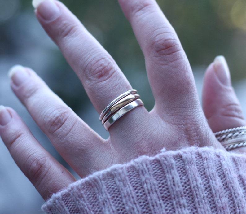 Gold and Silver rings 3 Stacking rings, 14k gold, Sterling silver ring, Ring set, Thumb rings, Modern minimalist jewelry, Mixed metal ring image 8