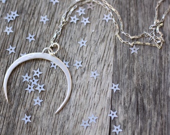 Silver Moon Necklace, Crescent Moon Jewelry, Celestial Jewelry, Sterling Silver Moon, Long Layering Necklace, Moon Necklace, Sun Moon Stars