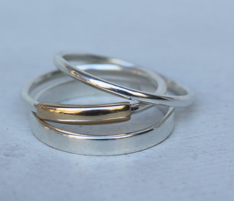 Gold and Silver rings 3 Stacking rings, 14k gold, Sterling silver ring, Ring set, Thumb rings, Modern minimalist jewelry, Mixed metal ring image 1