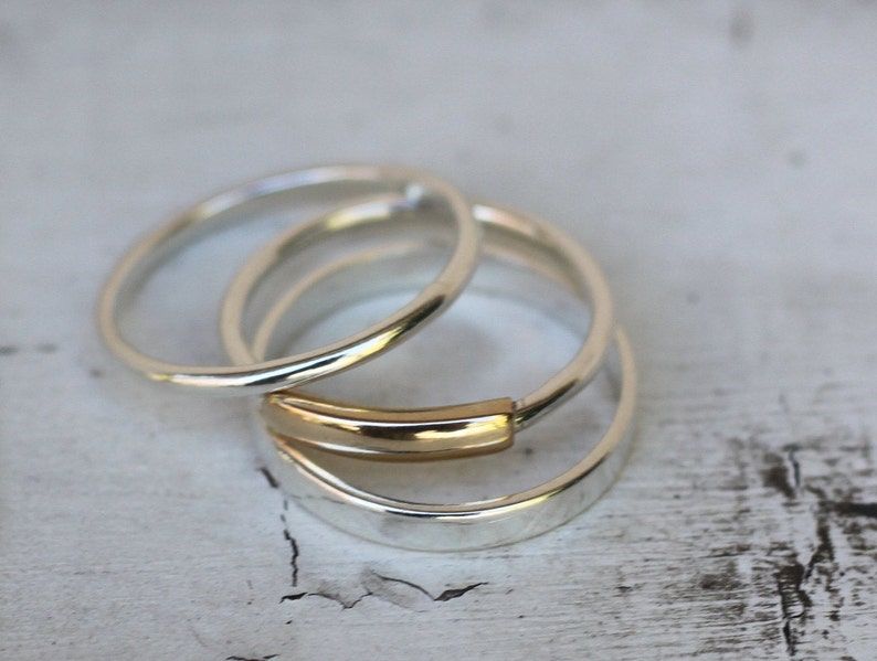 Gold and Silver rings 3 Stacking rings, 14k gold, Sterling silver ring, Ring set, Thumb rings, Modern minimalist jewelry, Mixed metal ring image 7