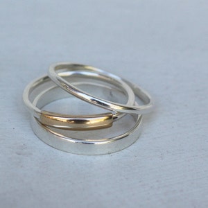 Gold and Silver rings 3 Stacking rings, 14k gold, Sterling silver ring, Ring set, Thumb rings, Modern minimalist jewelry, Mixed metal ring image 4