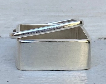 Anillo cuadrado grande, conjunto de anillos (2), anillo cuadrado grueso, anillos apilables, anillo de plata ancho, anillo llamativo, anillo de plata grueso, anillo de banda de plata