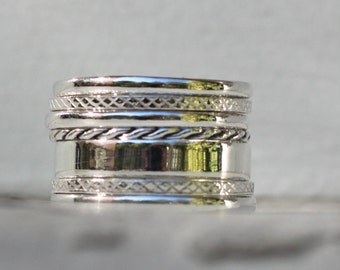 Conjunto de anillos apilables de plata (7) Anillos llamativos, Anillos de plata texturizados, Conjunto de anillos grandes, Conjunto de anillos de plata, Anillos de banda, Anillos de banda ancha
