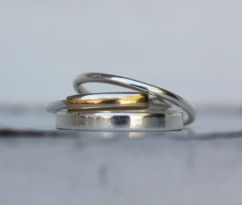 Gold and Silver rings 3 Stacking rings, 14k gold, Sterling silver ring, Ring set, Thumb rings, Modern minimalist jewelry, Mixed metal ring image 3