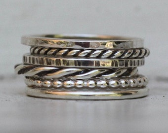 Conjunto de anillos apilables (6), Anillos retorcidos de plata, Joyería minimalista, Surtido de anillos, Anillos de declaración, Conjunto de anillos de plata, Anillos simples