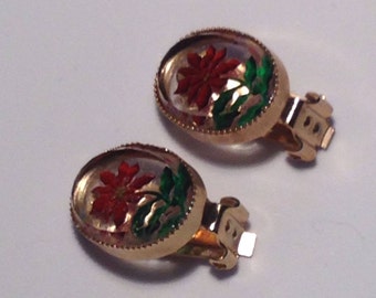 Vintage Lucite Clip Earrings with Red Flowers