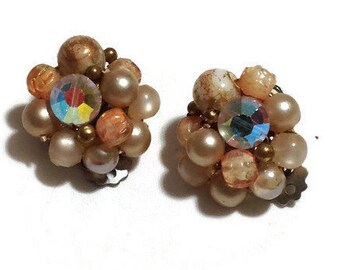 Vintage Brown Beaded Clip Earrings
