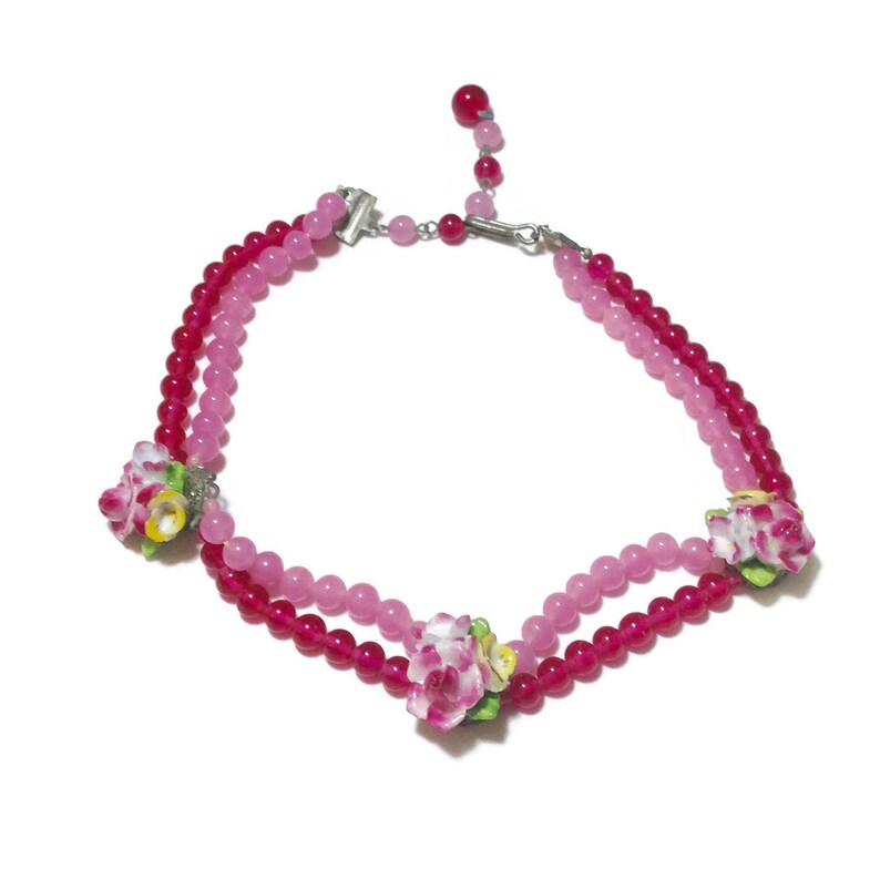 Show Stopping Vintage Pink Beaded Choker with Porcelain Roses Stamped Japan