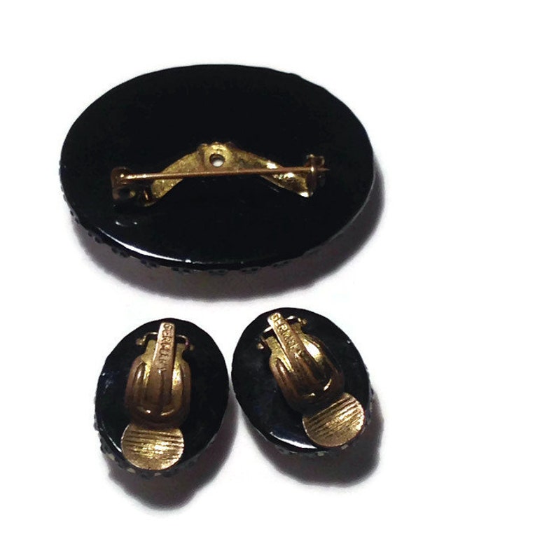 Vintage Off White Hand Painted Pin and Earrings marked Germany