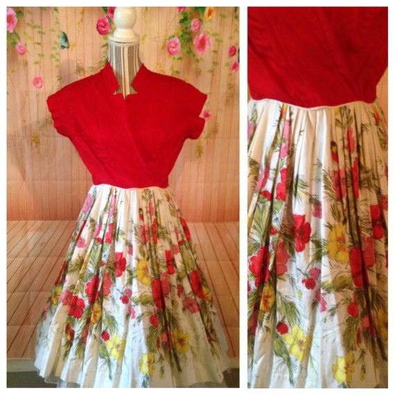 Vintage Cotton Red Floral Dress