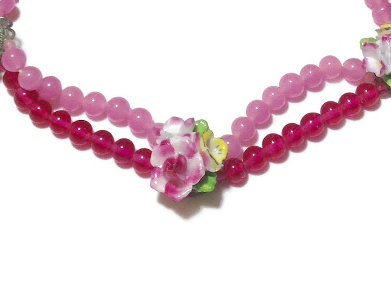Show Stopping Vintage Pink Beaded Choker with Porcelain Roses Stamped Japan