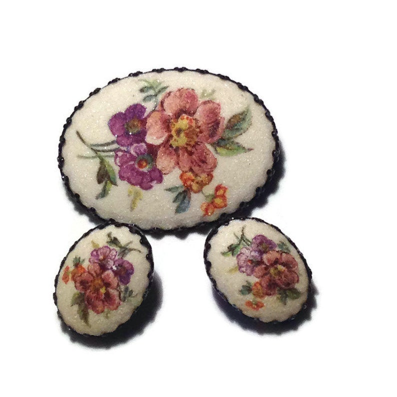 Vintage Off White Hand Painted Pin and Earrings marked Germany