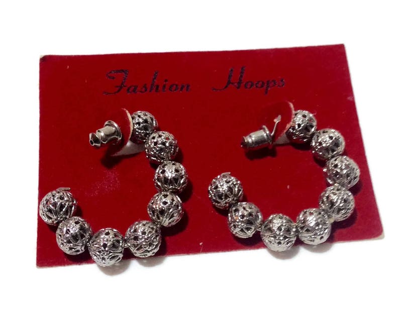 NOS Silvertone Filigree Ball Earrings