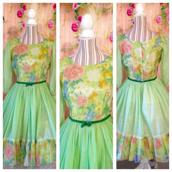 Vintage Lucinda Originals Lime Green Floral Cotton