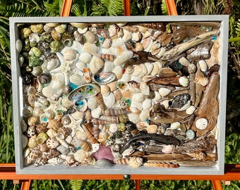 Tropical seashell, driftwood mosaic art 16x12” on painted wood tray Dreaming of the beach